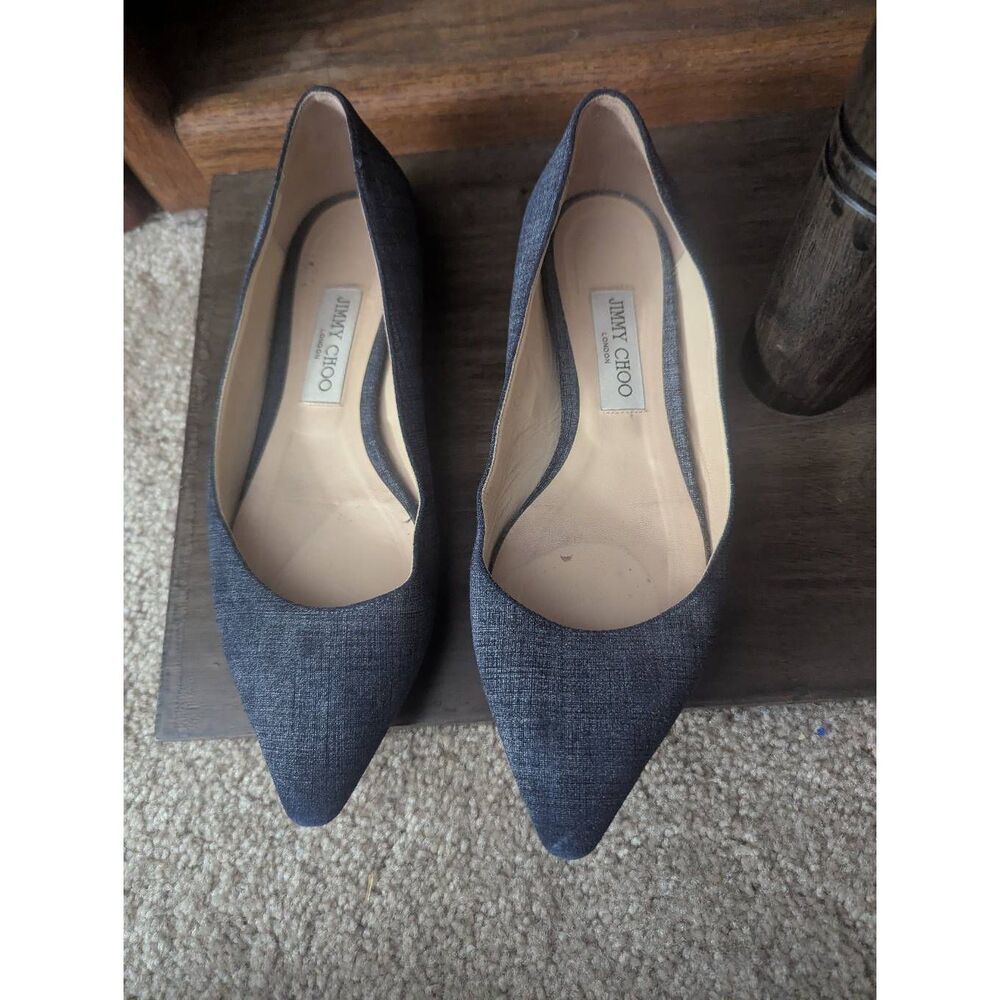 Jimmy Choo Romy Denim Blue Textured Pointed Toe Flats Made in Italy Size 39 US 9